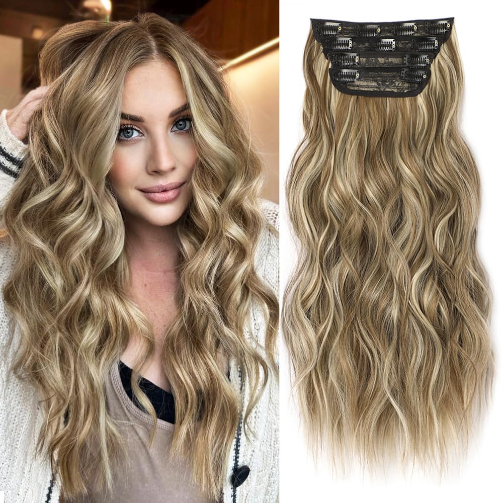 ALXNAN Clip in Hair Extensions for Women,Medium Brown Ash Blonde Long Wavy Hair Extensions Clip Ins 4PCS 24 Inch Synthetic Soft 