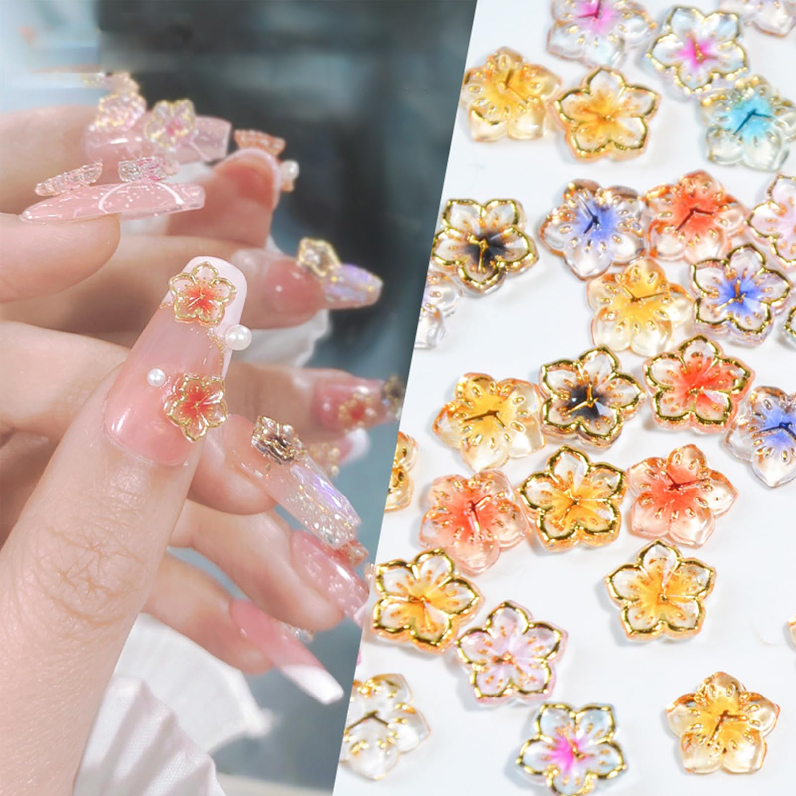 100Pcs Flower Nail Art Charms Gold Edge Resin Flower Nail Art Rhinestones Cute Summer Floral Nail Rhinestone Diamonds Kawaii Col