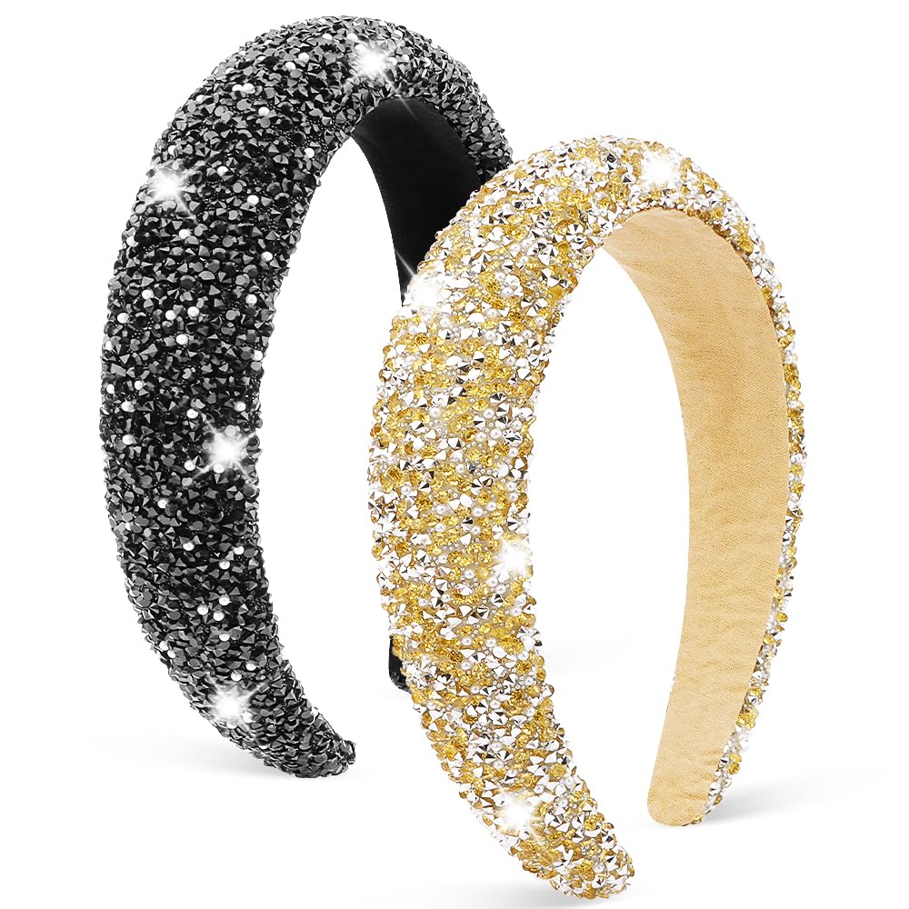 Ahoney 2 Pack Rhinestone Headband Women Thick Padded Headband, Sequin Beaded Pearls Head Band Glitter Cute Headband Birthday Pro