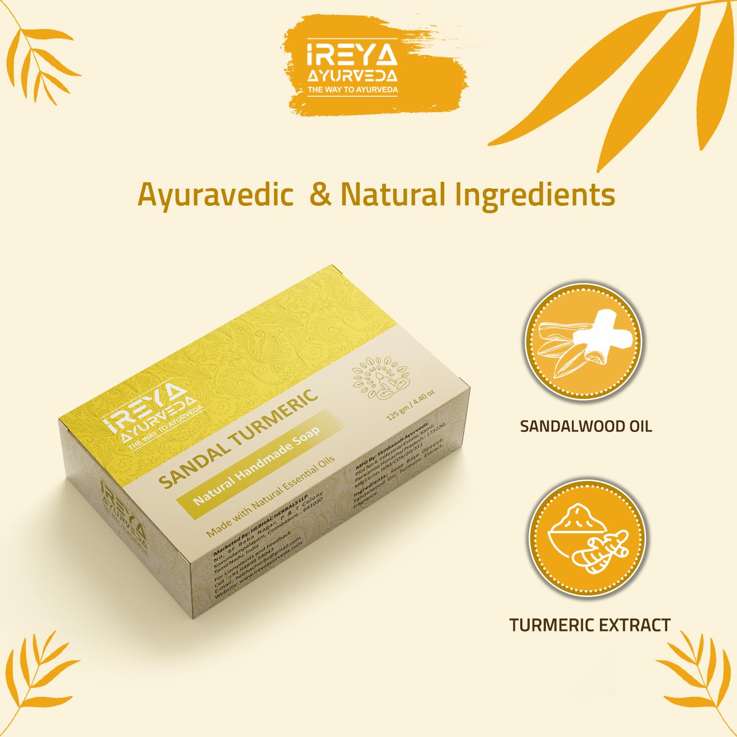 Ireya Ayurveda Turmeric Sandal Bar - 4oz - Vegan - Handmade - Moisturizing - India