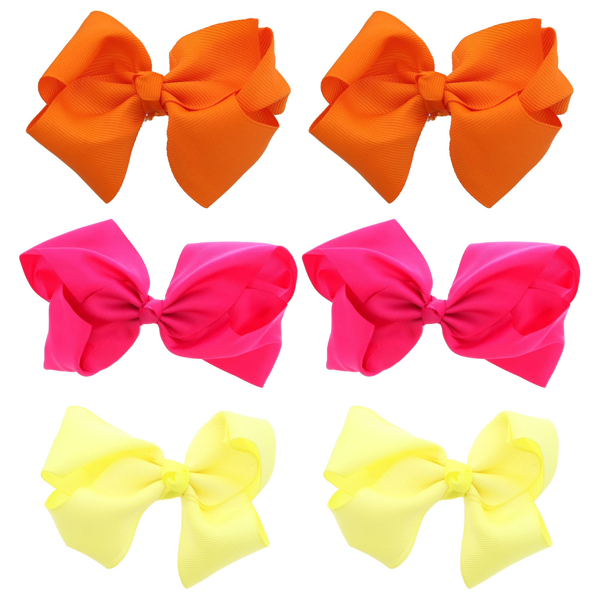 3 Inch Grosgrain Bow for Little Girls- Set of 6 (Hot Pink Orange Yellow)