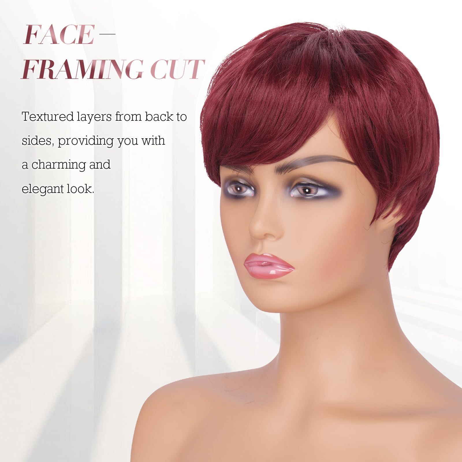 Feshfen Pixie Cut Wigs Synthetic Short Burgundy Pixie Haircut Wig With Bangs Glueless Layered Wig Wavy Wigs For Women