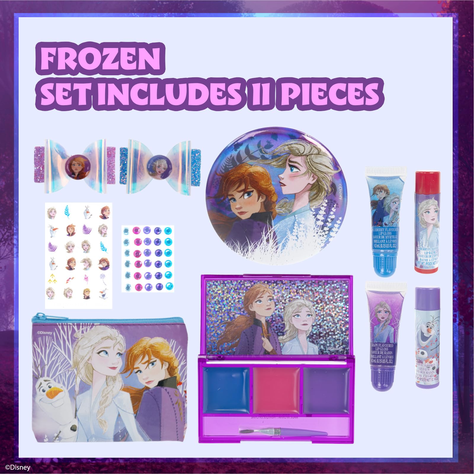 Townley Girl Disney Frozen 29-Piece Cosmetic Makeup Set - Multi with Lip Gloss, Nail Stickers, Lip Balm, and Mirror for Girls