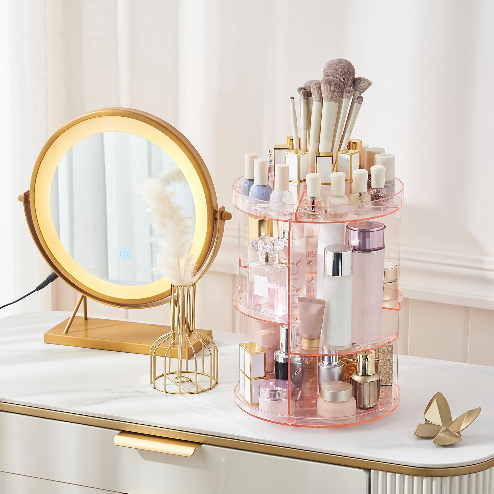 SUNFICON Rotating Makeup Holder Organizer Crystal Pink 360 Rotation Cosmetic Storage Holder Turntable Spin Display Stand Bathroo