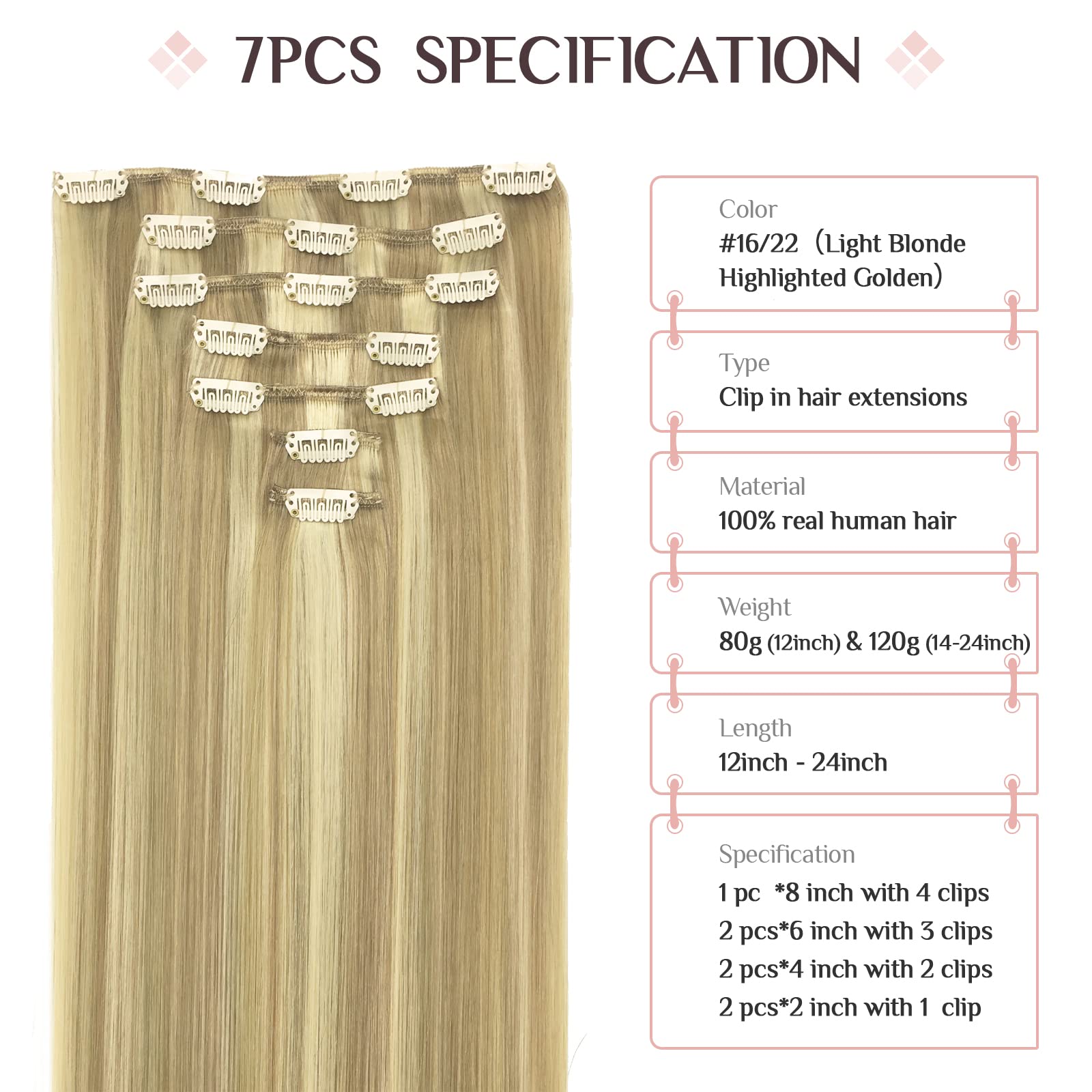 Clip In Hair Extensions Real Human Hair, 7Pcs 120G Light Blonde Highlighted Golden Blonde 20 Inch, Maxita Remy Hair Extensions C
