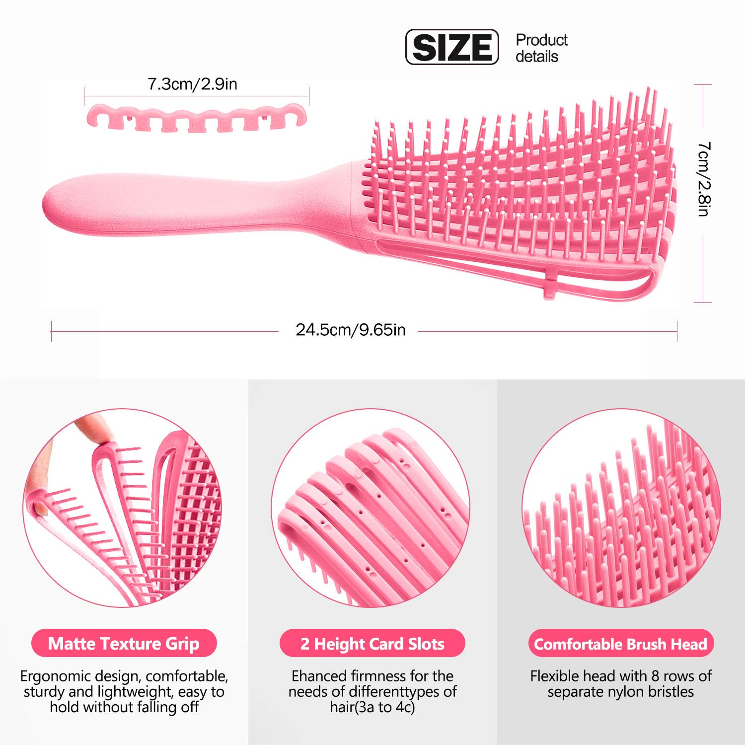 KPX Detangling Brush for Afro Hair, Nylon, Size 3, Pink + Green + Black, Ideal for Kinky, Wavy, Curly, Wet, or Dry Hair