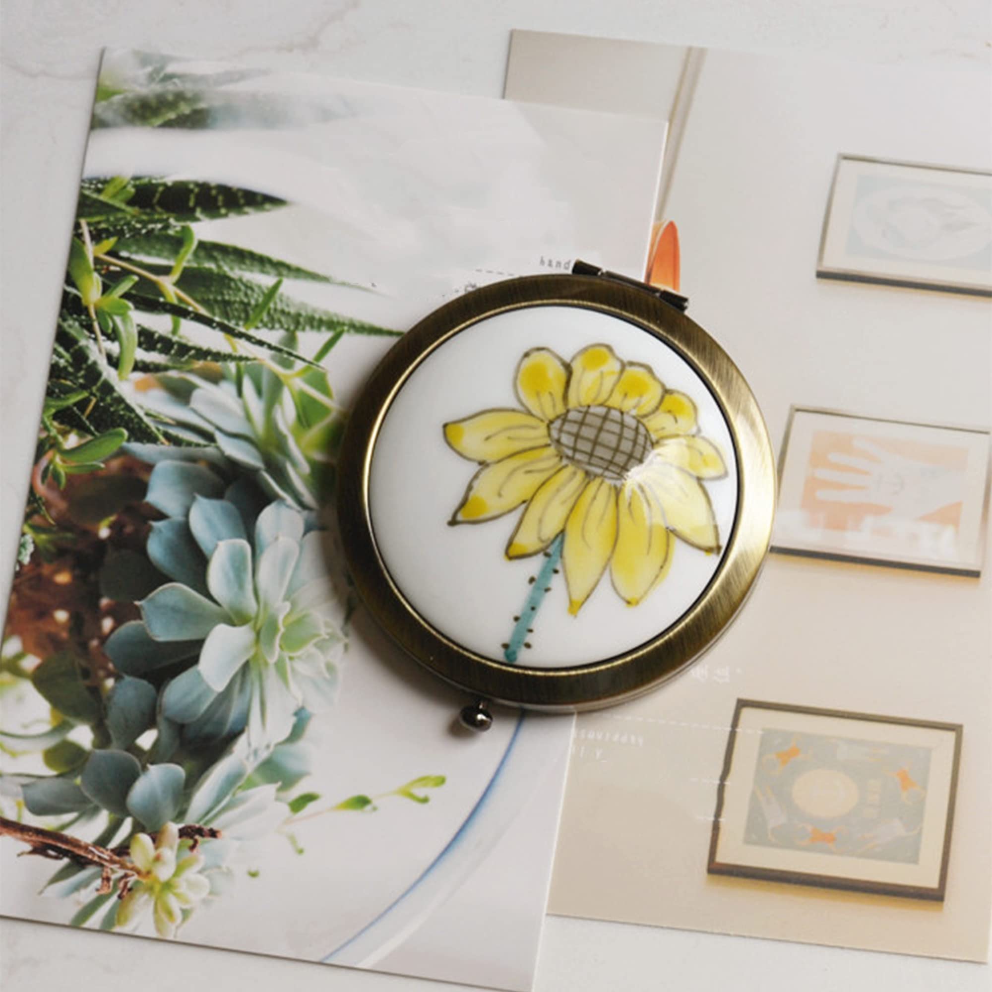Roseward High End Sunflower Compact Mirror For Purses Hand Painted 1 X /2 X Magnifying Copper Round Hand Mirror Unique Gifts For