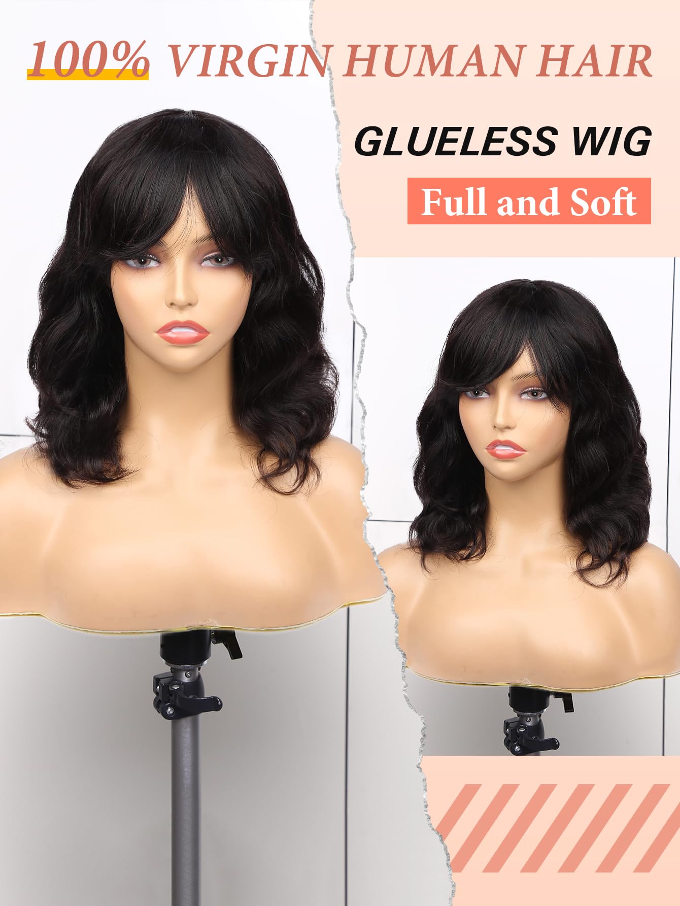 Wignee Natural Wave Wigs With Bangs 100% Brazilian Human Hair Fashion Wave Wigs Natural Black