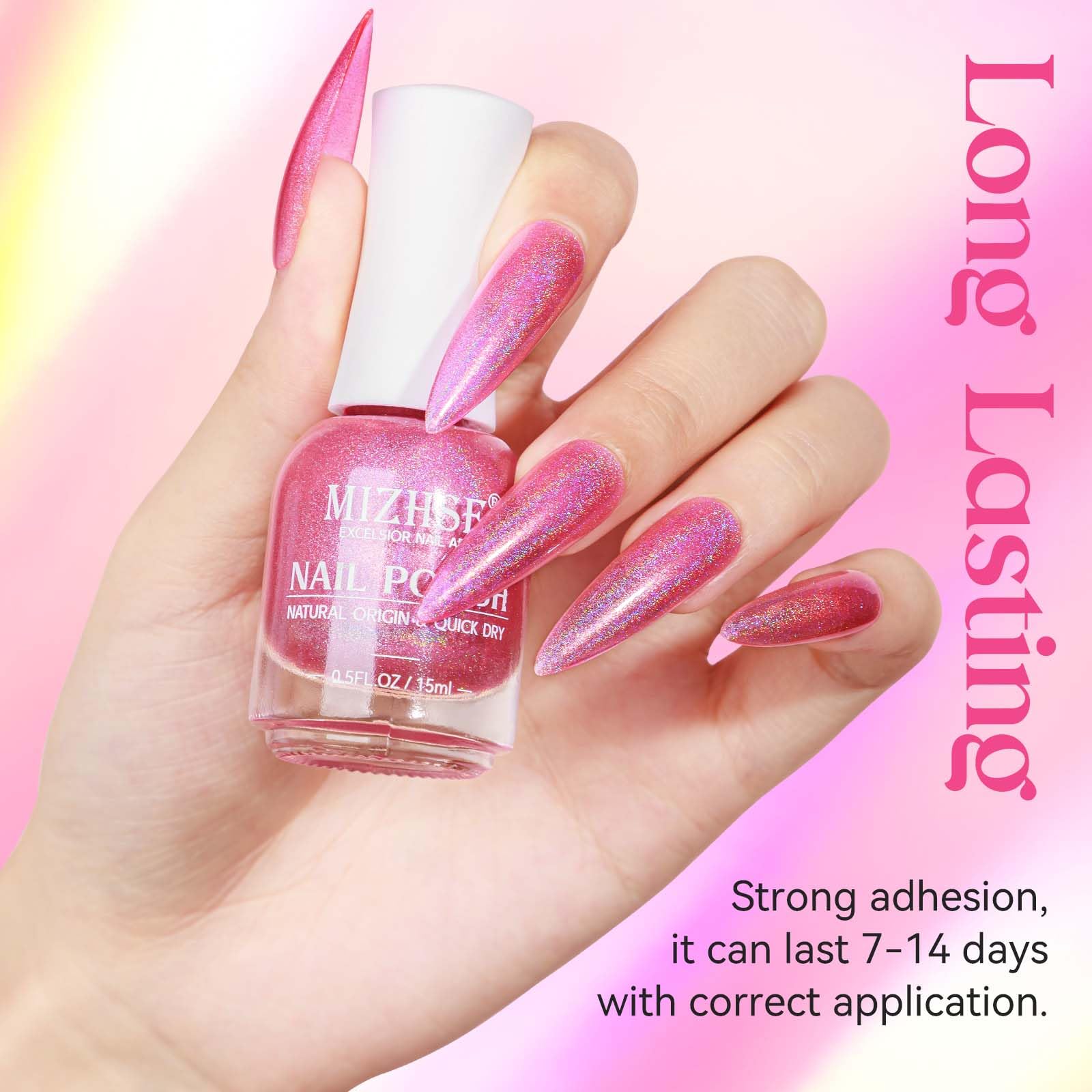 Mizhse Holographic Nail Polish, Pink Glitter Nail Polish Air Dry Fast, 15 Ml High Glossy Shimmer Nail Pigment Oil-Based Laser Ir