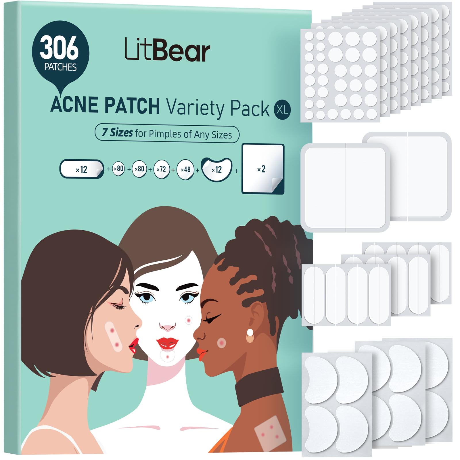 LitBear Large Pimple Patches (7 Sizes 306 Patches), Big Acne Patches, XL Hydrocolloid Bandages for Full Face, Forehead, Chin, No