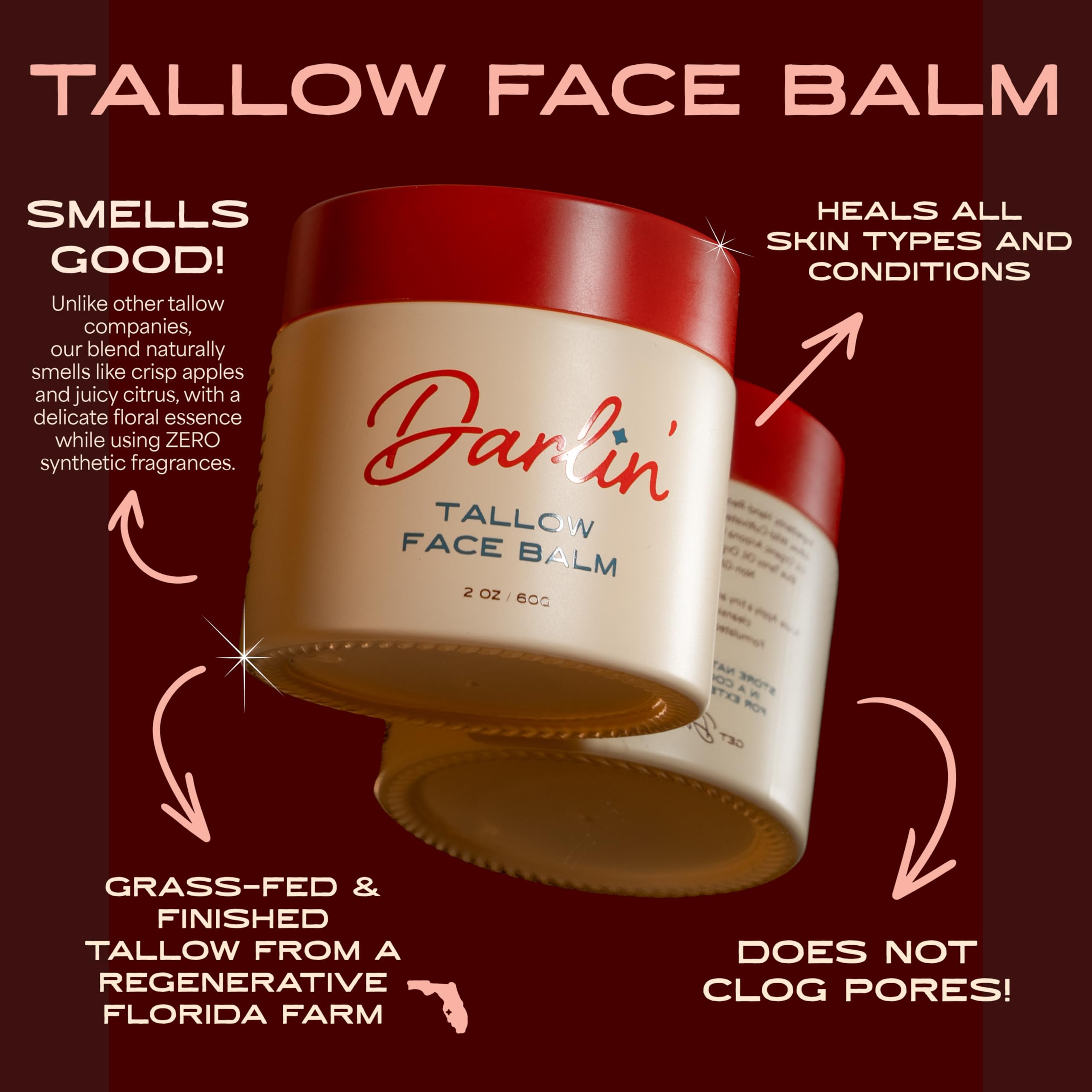 Darlin' Skincare Tallow Face Balm Moisturizer, Organic Grass-Fed Beef Tallow For Glowy Skin, Luxury Nontoxic Clean Beauty For Ac