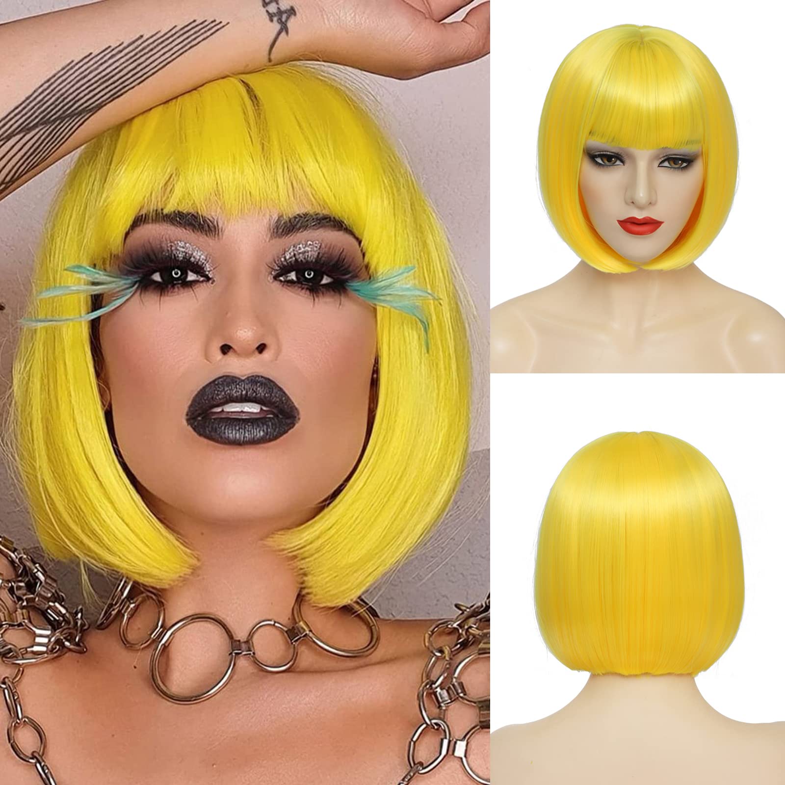 YBYMCAI Yellow Bob Wig With Bangs Short Yellow Bob Wigs For Women Straight Bob Bangs Wig 10 Inch Natural Looking For Daily Party
