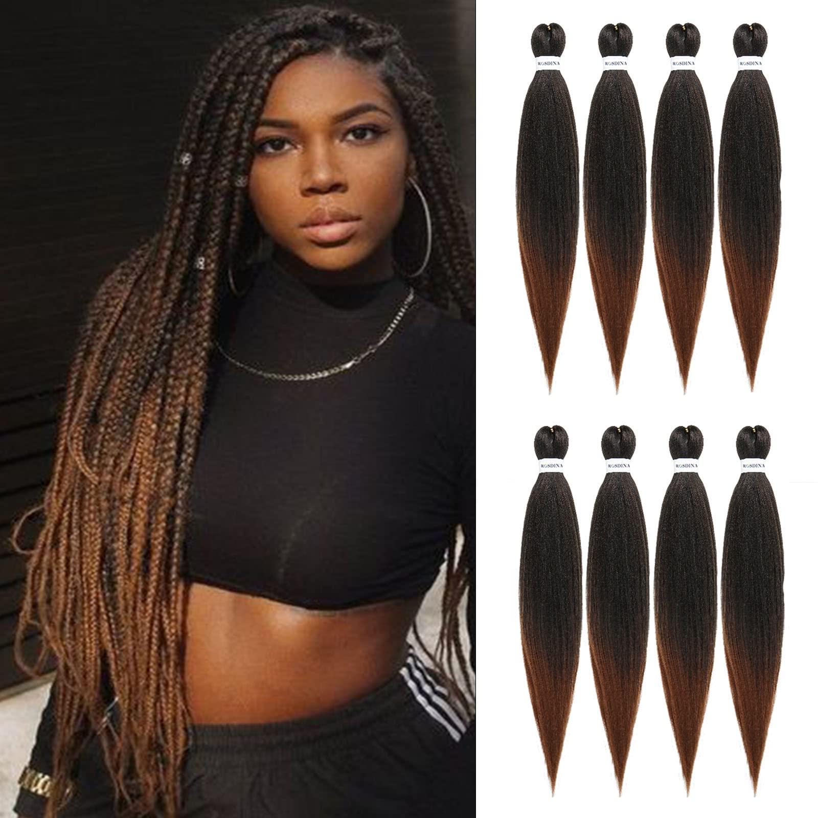 Rosdina Pre-Stretched Braiding Hair - 20 Inch 8 Packs Ombre Brown Long Braiding Hair For Twist Or Box Braids, Yaki Texture Hot W