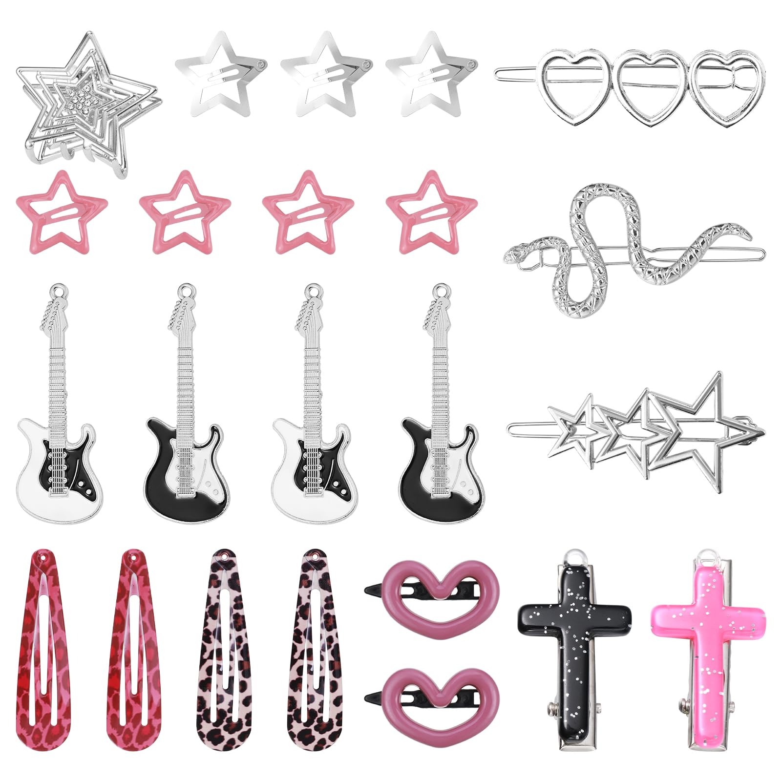 FRIUSATE 22 Pcs Y2k Pink Hair Clips Set Kawaii Hair, Love Star Cross Hair Clip Diy Handmade Accessories Guitar Pendant, Star Cla