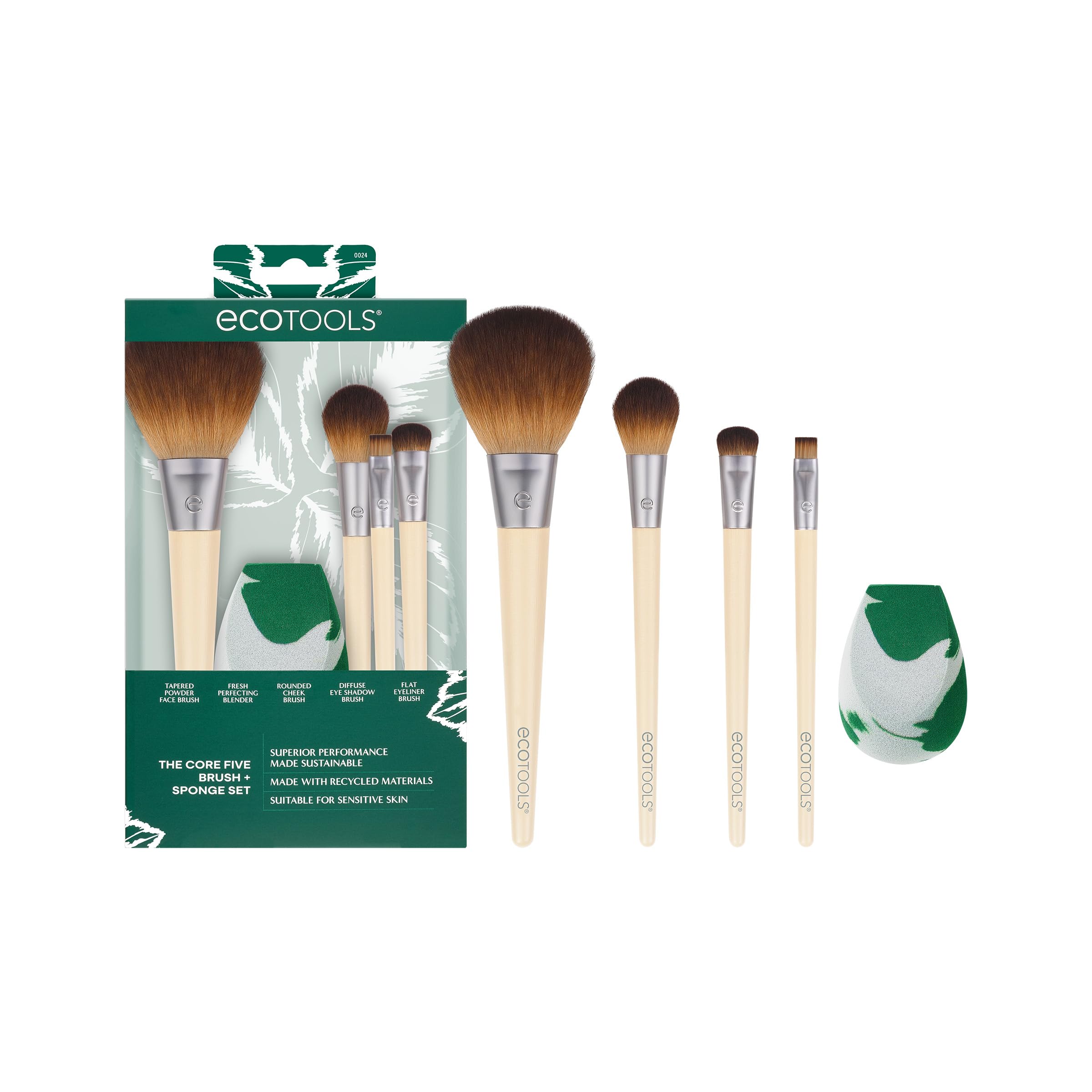 EcoTools Core Five Makeup Brush and Sponge Kit, For Eyeshadow, Blush, Bronzer, Eyeliner, & Foundation, Makeup Blending Sponge Fo