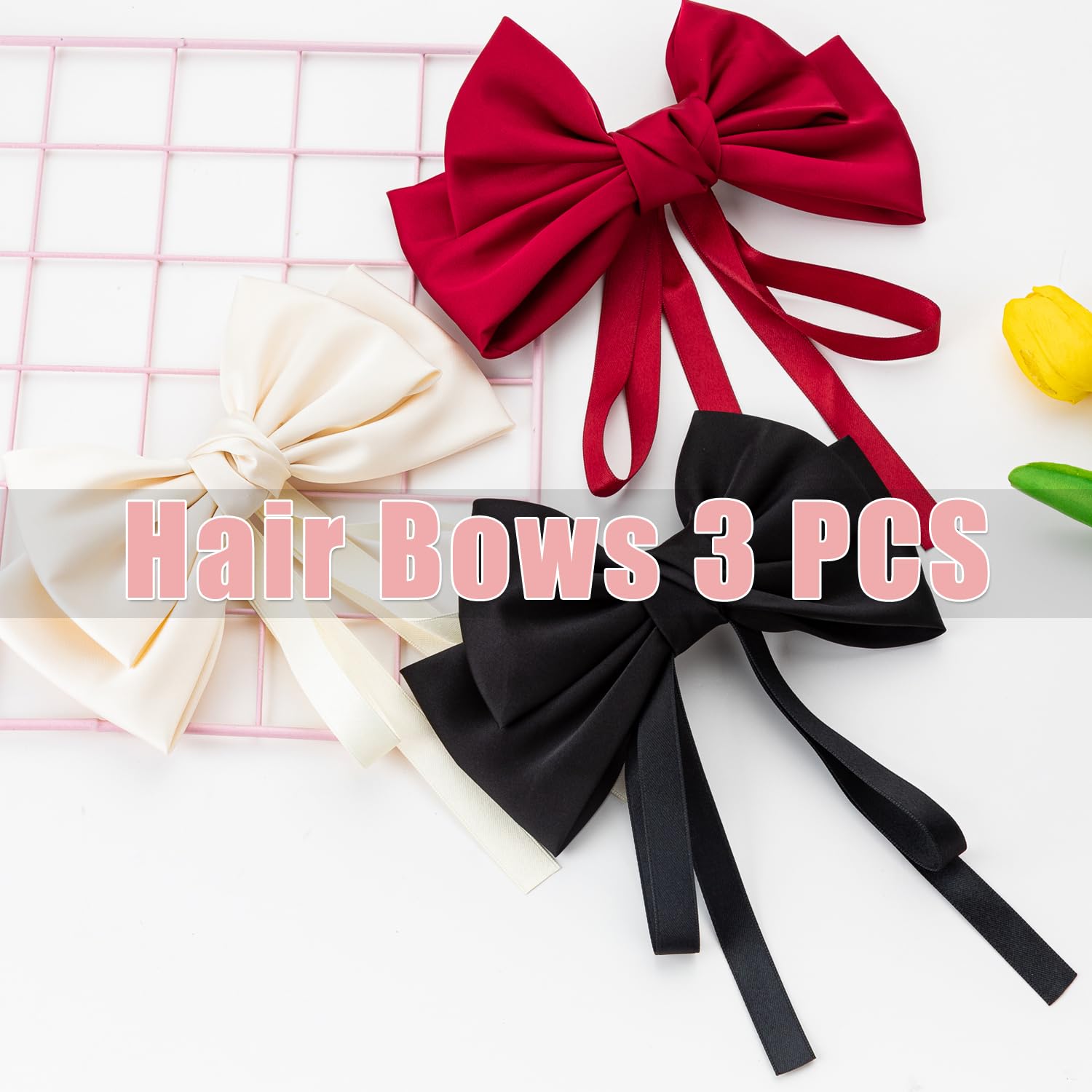 Seneeel Large Hair Bows 3 Pcs, Hair Bows For Women, Oversized Long-Tail Cute Aesthetic Hair Accessories, Big Bows For Girls (Bla