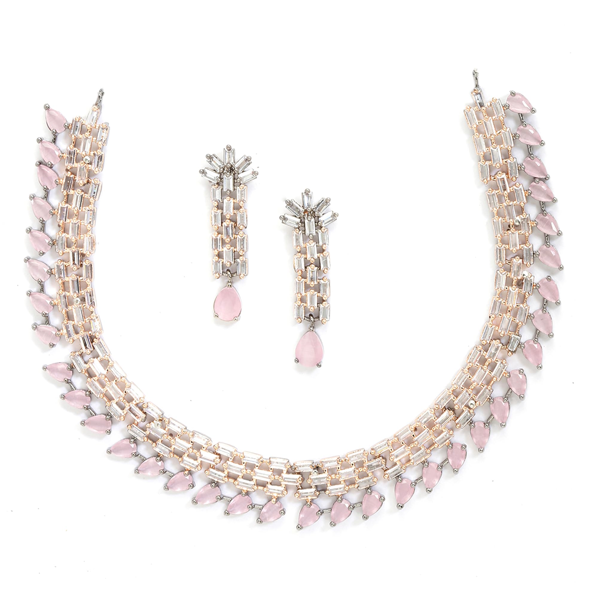 ZENEME Rose GoldPlated Pink and Rose Black American Diamond StoneStudded Necklace with Earrings Jewellery Set for Women & Girl