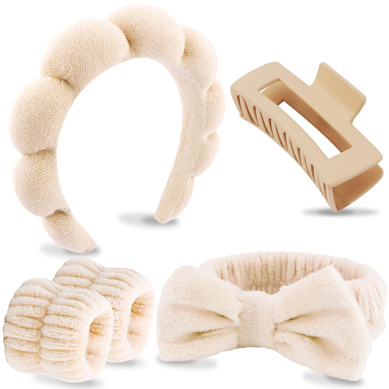 VELSCRUN 5 Pcs Khaki Puffy Sponge Spa Headband Bow Tie Hair Band Hair Clips Wristband Set, Spa Headbands for Wash Face, Makeup H