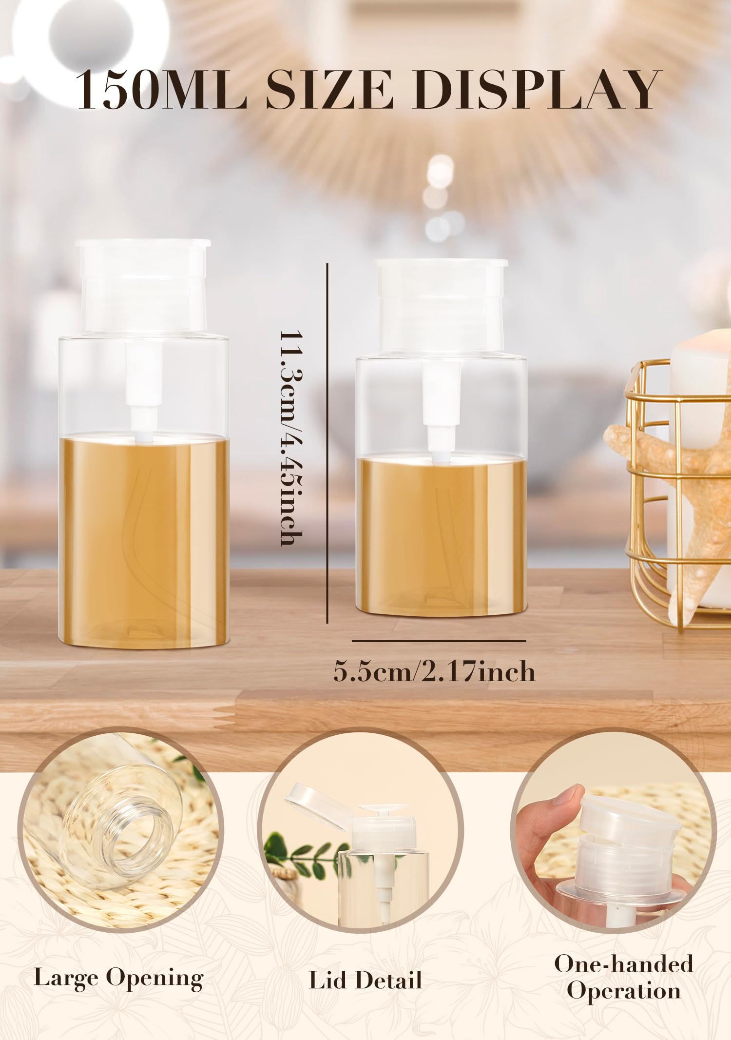 150Ml 3Pcs Push Down Pump Dispenser Empty Push Top Bottles Containers For Nail Polish Makeup Remover