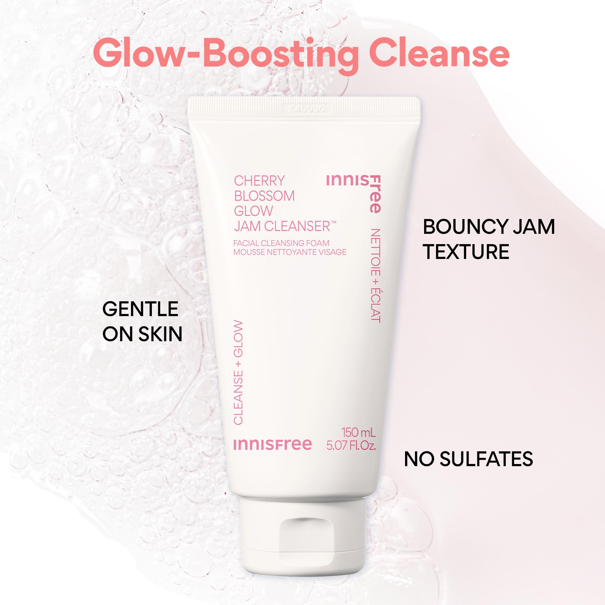 Innisfree Cherry Blossom Glow Jam Cleanser, Sulfate Free, Korean Face Wash, Cleansing Foam For Glowing Glass Skin (Packaging May
