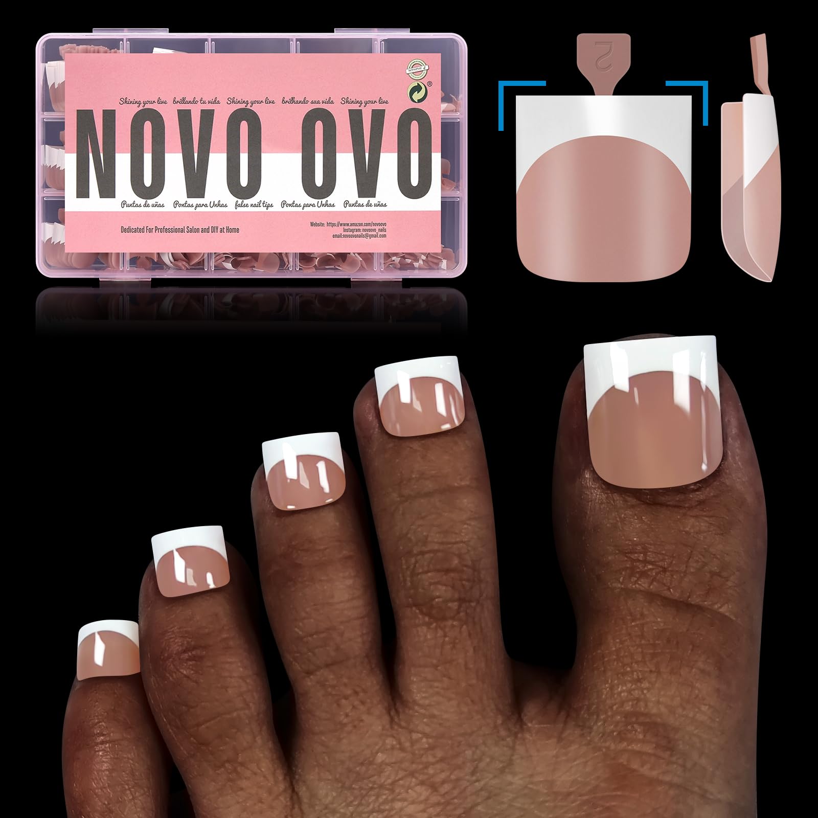 NOVO OVO French Tip Toe Nail Tips Press on, Sharp Square Pre-Designed Soft Gel False Toenail Extension, BROWN PINK Pre-applied T