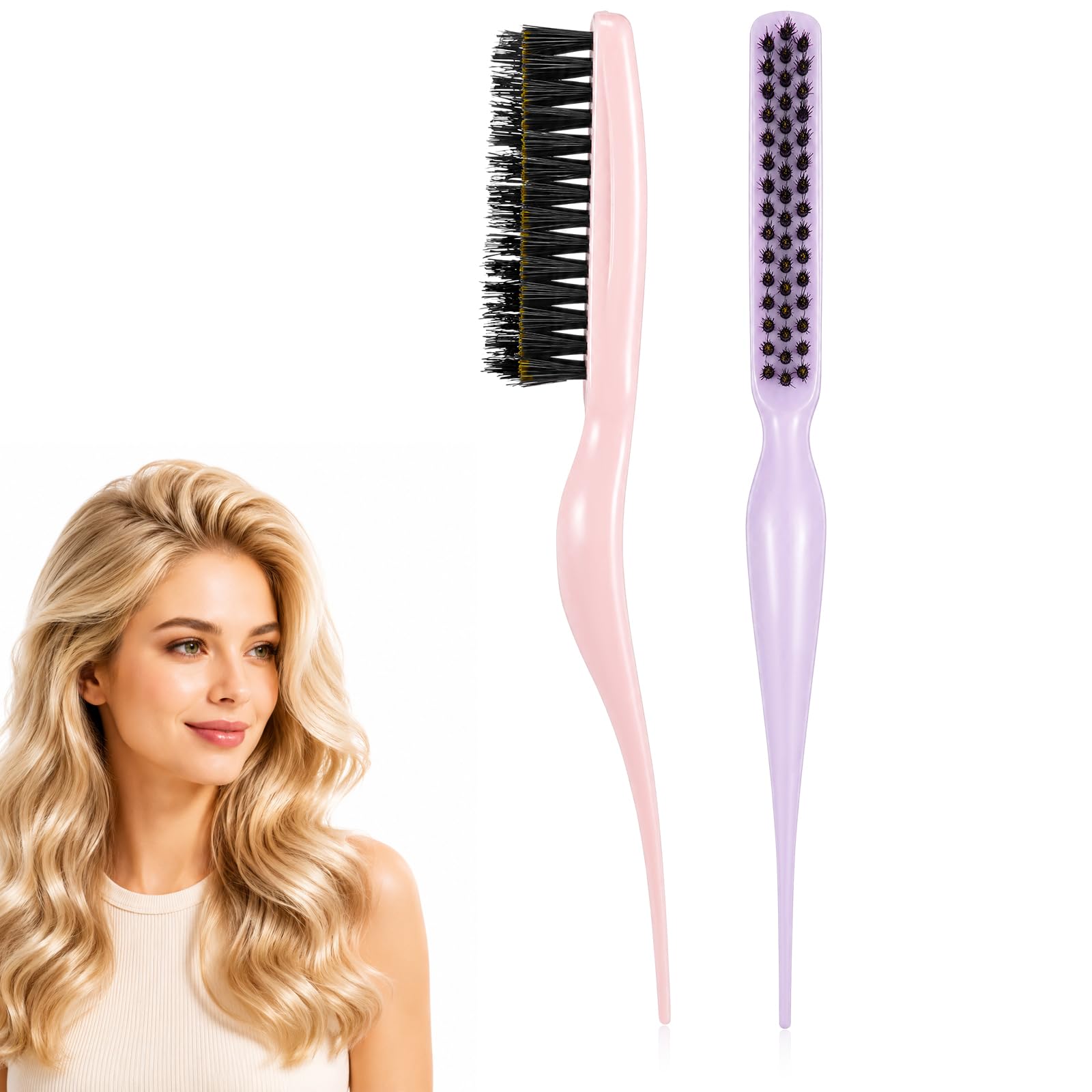 2 Pcs Teasing Hair Brush, Boar Bristle Comb for Women, Pink,Purple