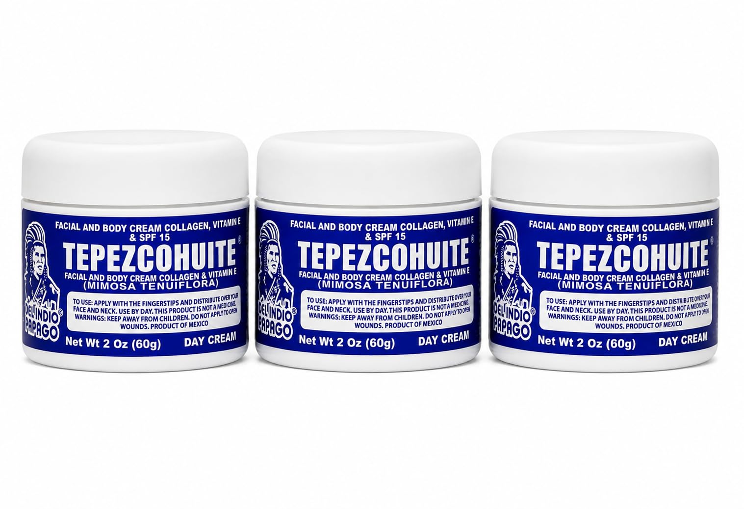 Del Indio Papago Tepezcohuite Day Cream  Facial & Body Moisturizer with Collagen, Vitamin E & SPF 15  Mimosa Tenuiflora Skin C