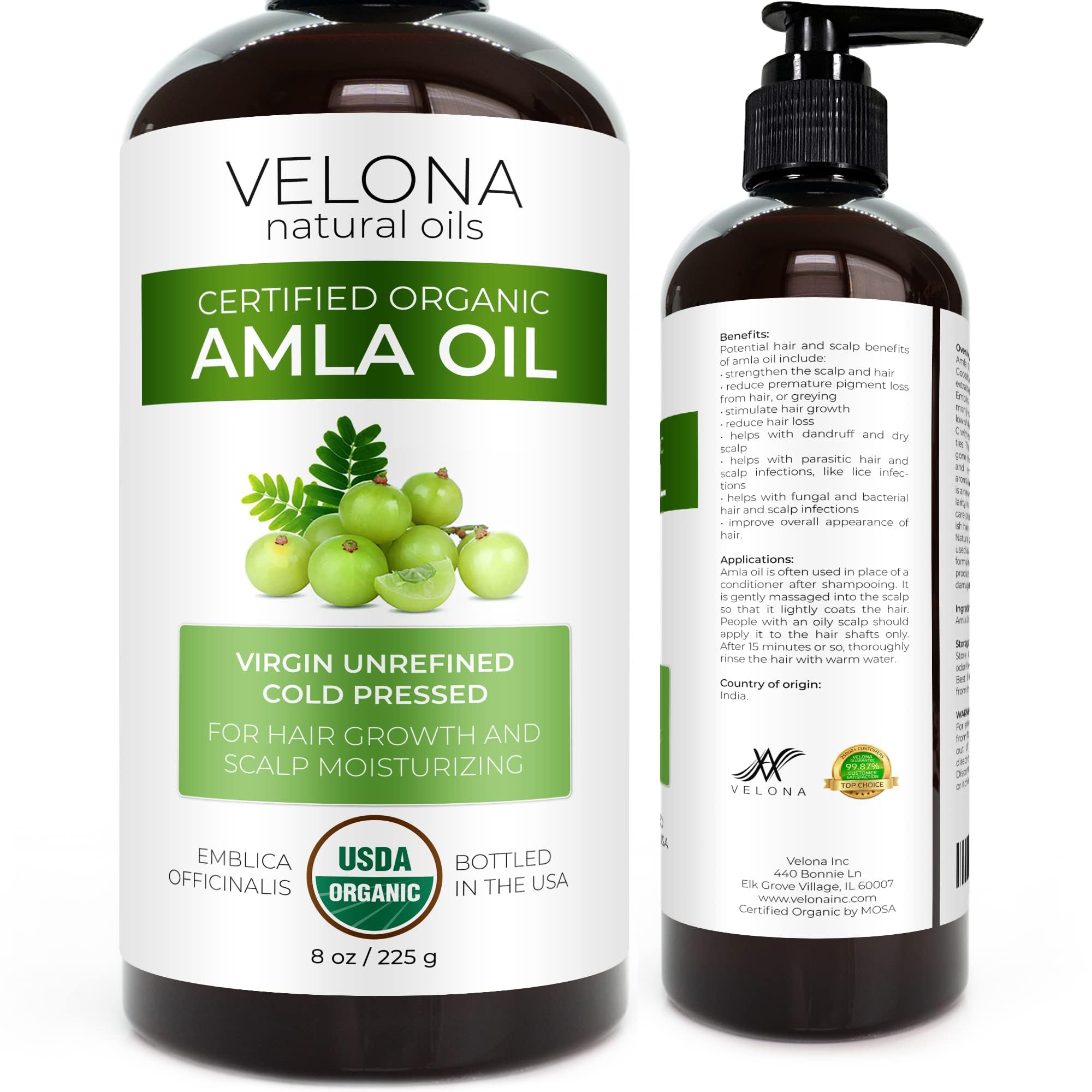 velona Amla Oil USDA Certified Organic - 8 oz | 100% Pure and Natural Carrier Oil | Extra Virgin, Unrefined, Cold Pressed | Hair