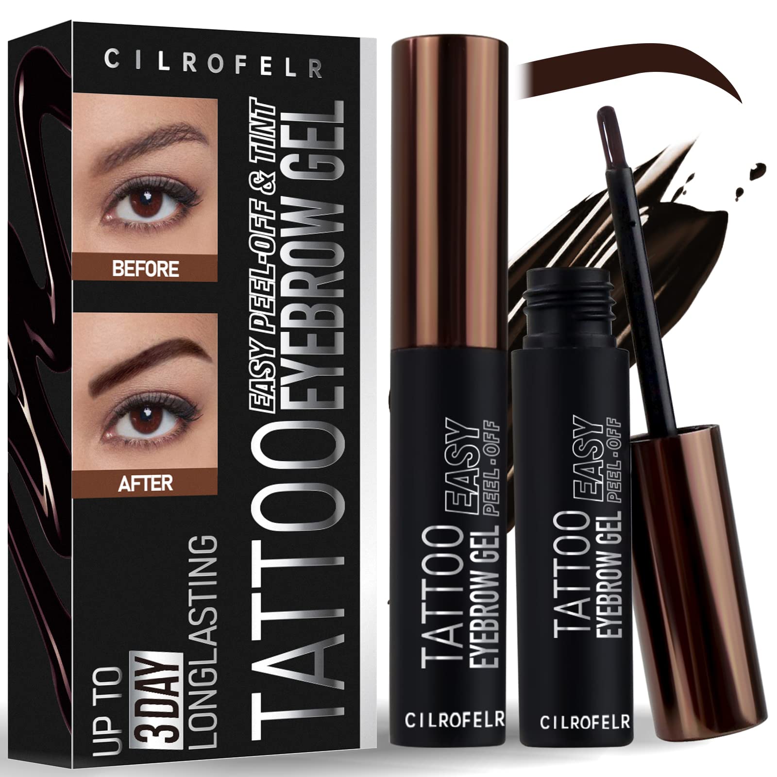 Cilrofelr Tattoo Peel Off Eyebrow Gel Tint, Semi Permanent Brow Tint, Last Up To 3 Days, Waterproof, Transfer-Proof, For Fuller