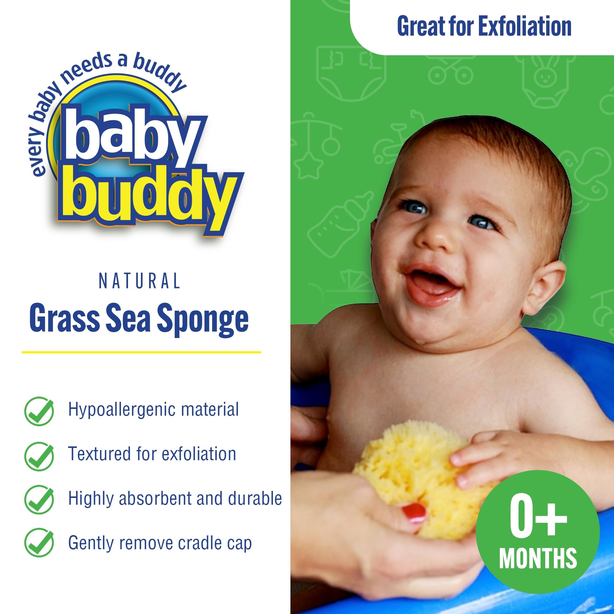 Baby Buddy Natural Grass Sea Sponge, Newborn Bath Time Essential, Textured for Exfoliation, Hypoallergenic, 1 Count