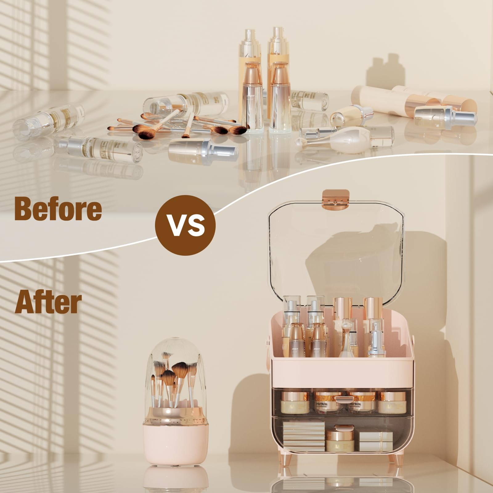 CLBDRESS Makeup Organizer Countertop, Makeup Brush Holder with Lid & Drawers, Bathroom Vanity Organizer and Storage, Make Up Org