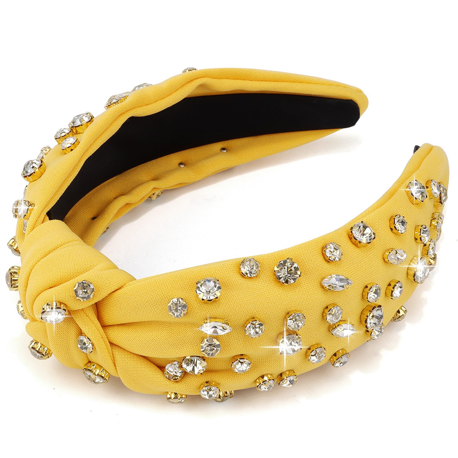 Atoden Yellow Knotted Rhinestone Headband - Wide Top Knot Beaded Crystal Jeweled Headbands for Women's Hair, Sparkly Embellished