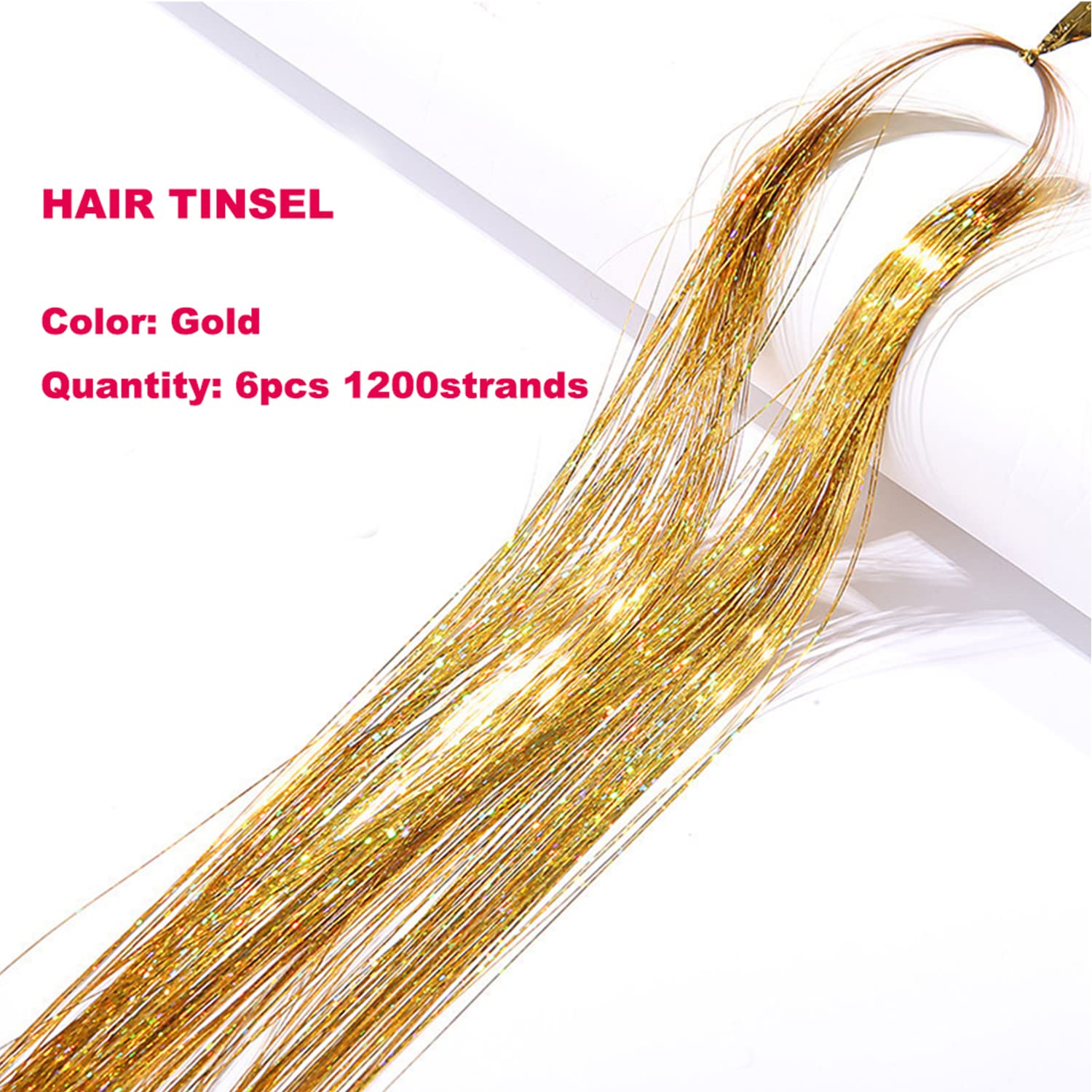Gold Hair Tinsel Kit With Tool 6Pcs 1200 Strands Glitter Tinsel Hair Extensions Heat Resistant Sparkling Shiny Fairy Hair Access