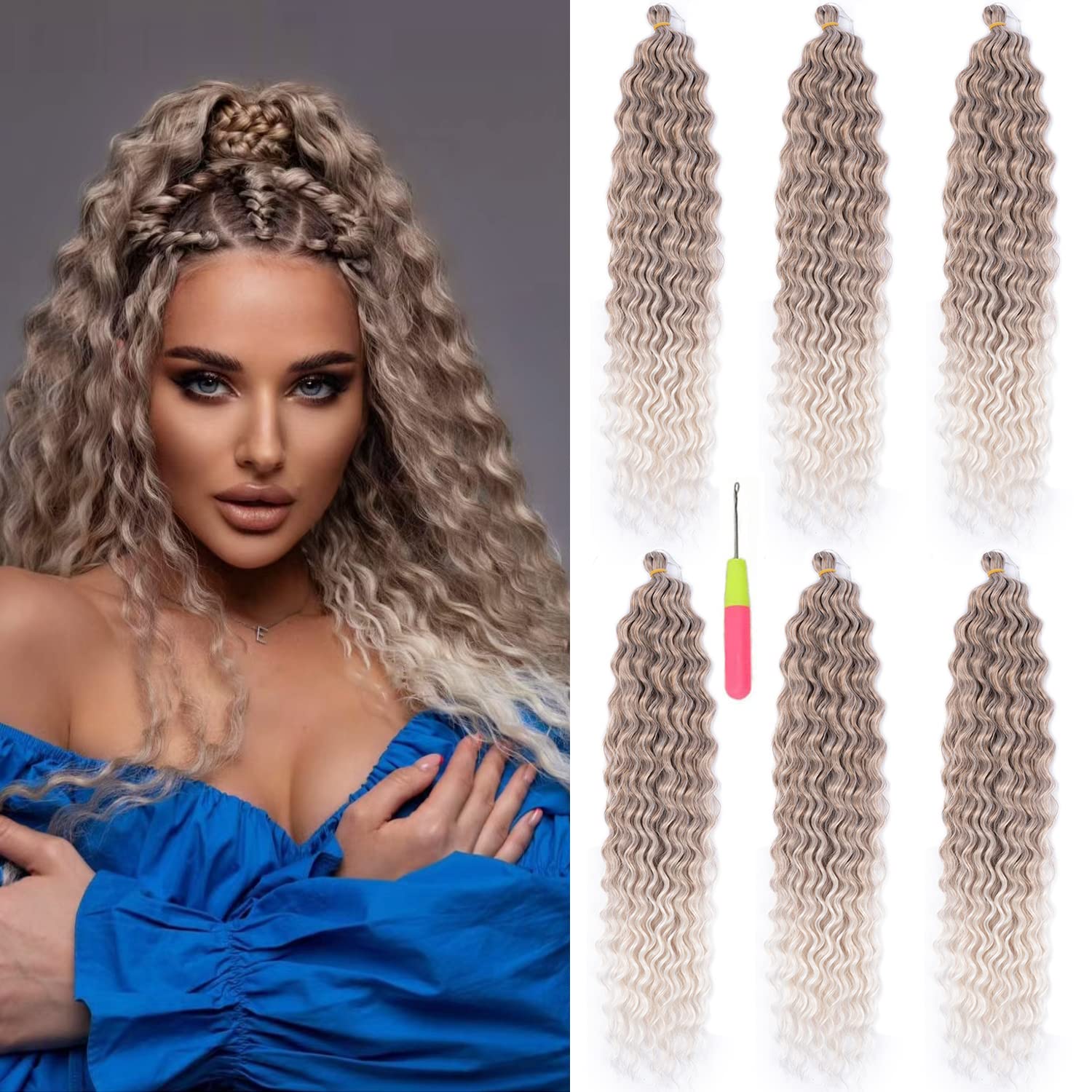 MAYSA Brown Curly Braiding Crochet Hair Extensions Synthetic Ocean Wave Crochet Hair 22inch 6Packs Ombre Crochet Hair Extension