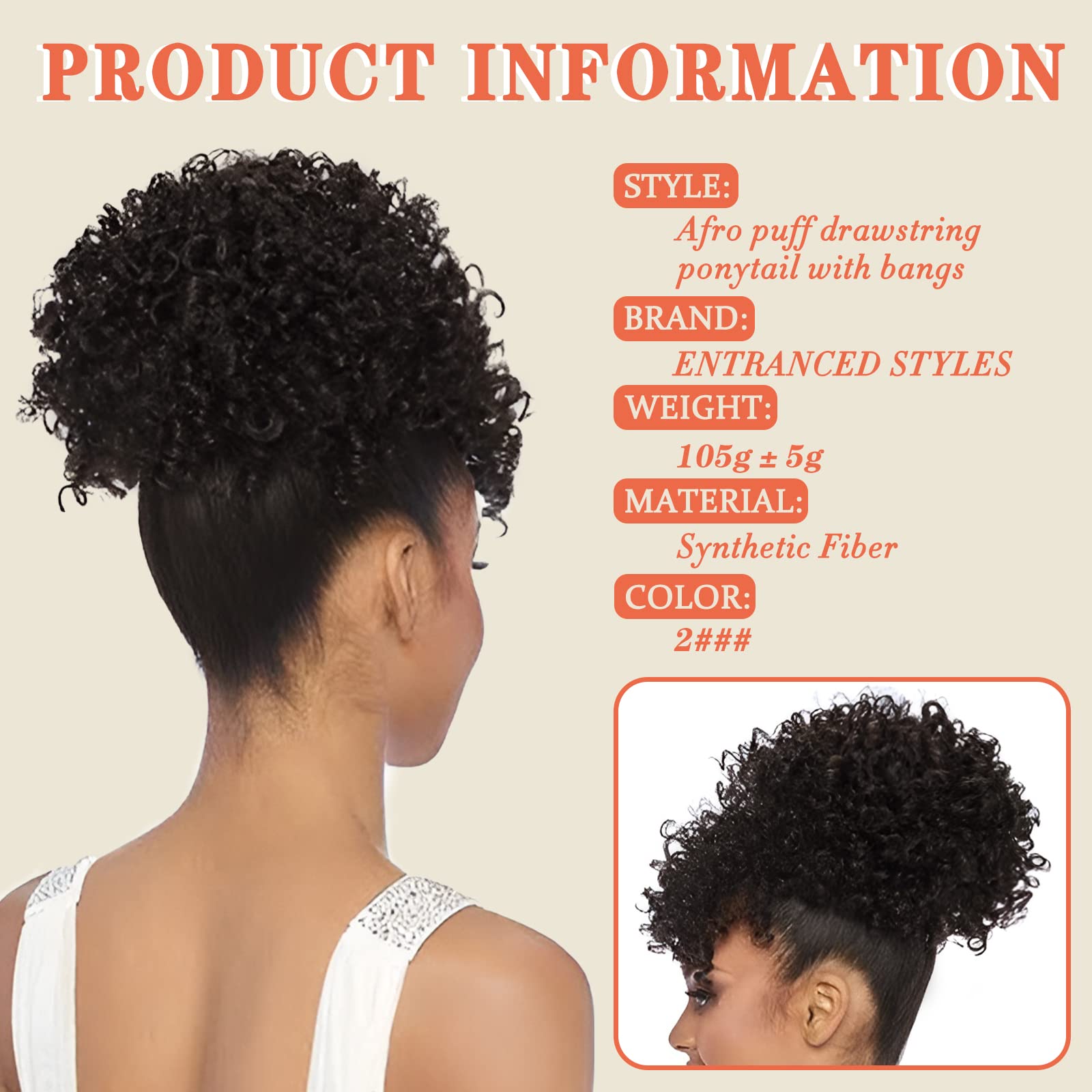 Entranced Styles Drawstring Ponytail With Bangs Afro Puff Ponytail Hair Extensions For Black Women Short Kinky Curly Puff Ponyta