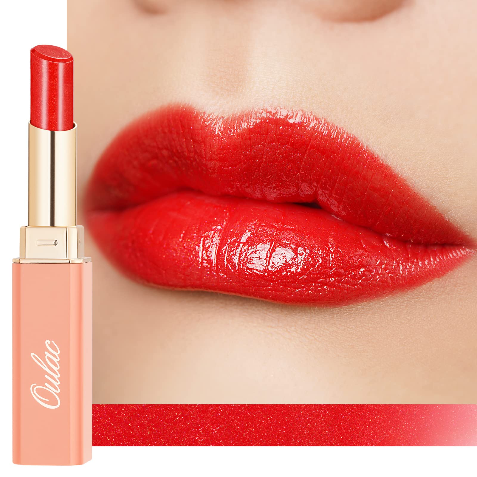 Oulac Moisture Shine Red Lipstick for Women, 2 in 1 Shimmer Lipstick & Lip Balm, Hydrated Juicy and Glossy Lip Color for Dry, Cr