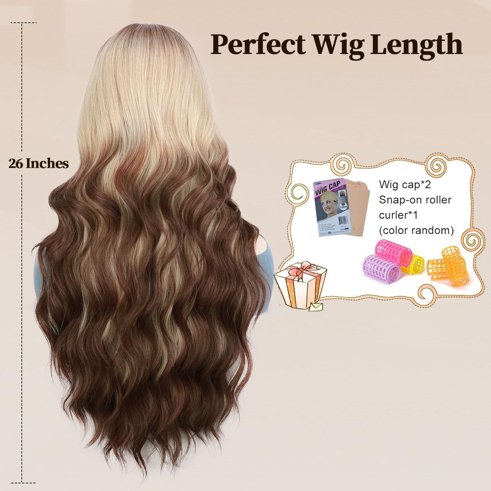 Lativ Ombre Blonde Brown Wig With Bangs Long Wavy Curly Wig With Brown End Heat Resistant Fiber Wig For Women Daily Use 26 Inche