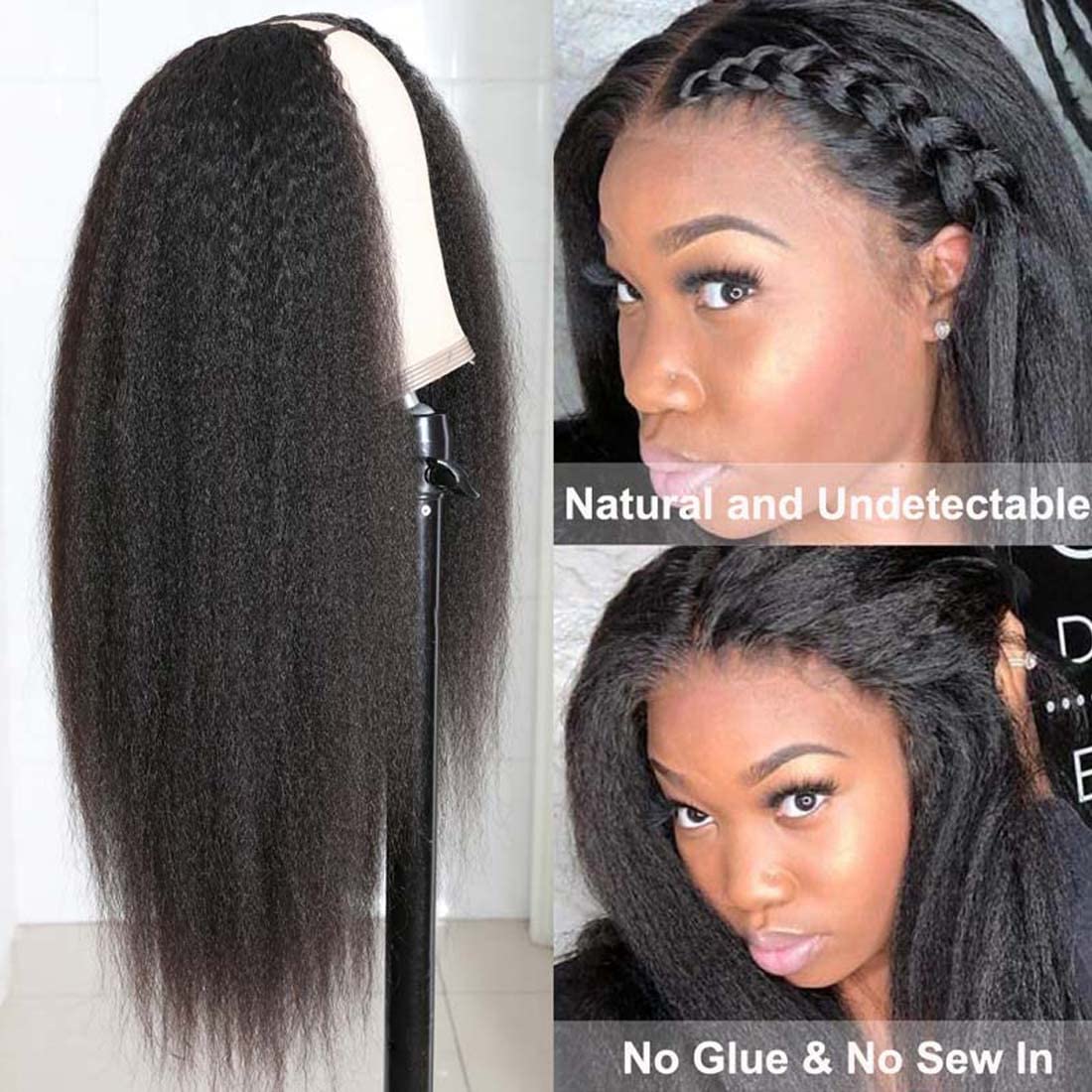 Beauty Forever Kinky Straight U Part Wig Human Hair Wigs 4X1 Inch Samll Leave Out,Yaki Straight Human Hair Wig For Women Glueles