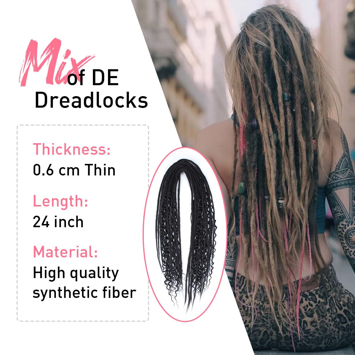 Kraler 24 Inch Mixed De Dreadlock Extensions Sets, 3 In 1 20 Strands Synthetic Double Ended Dreads Extensions, Black Hippie Croc