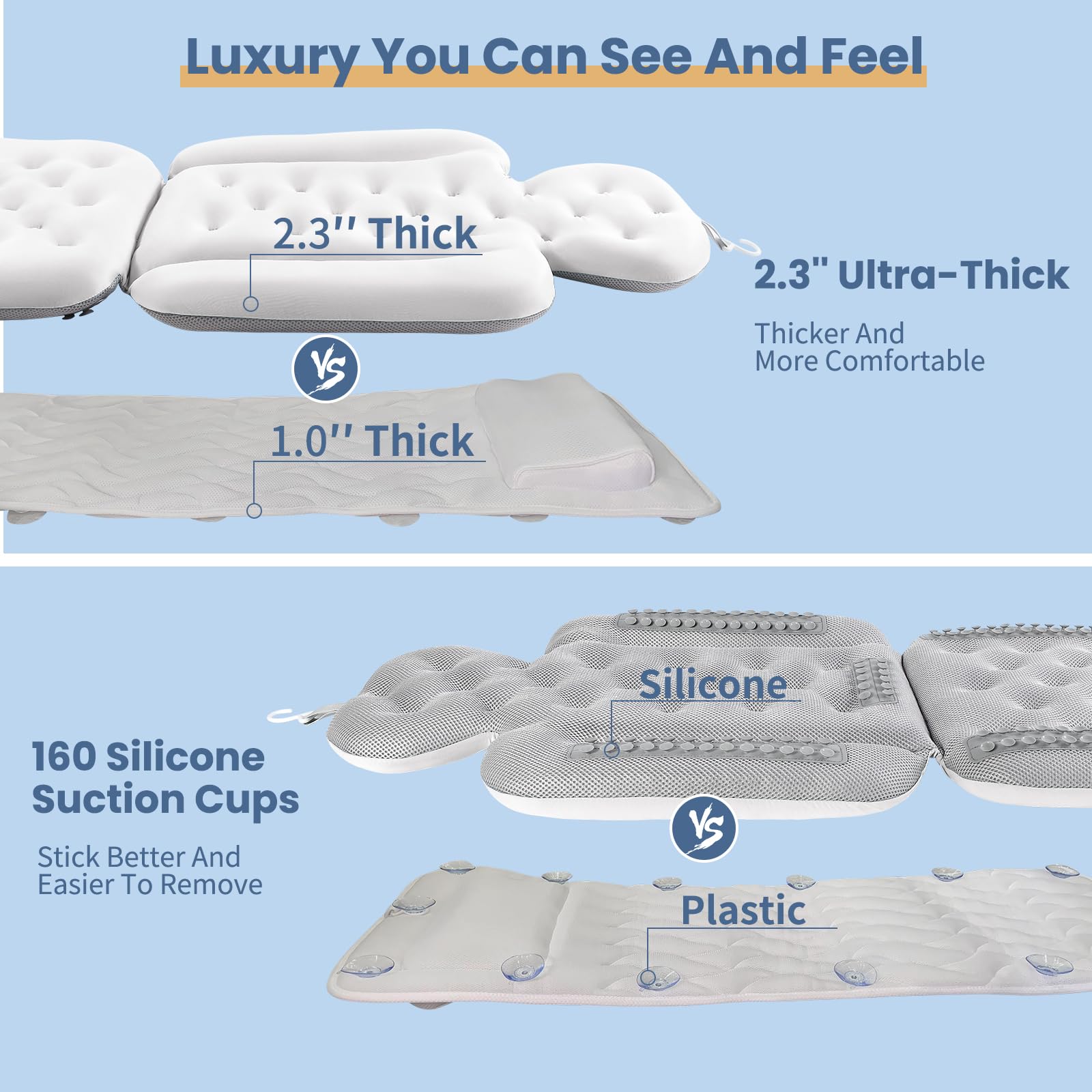 Luxury Bath Cushion, Full Body Bathtub Pillow With 160 Suction Cups, Bath Mat For Head And Neck Support, With Laundry Bag (White