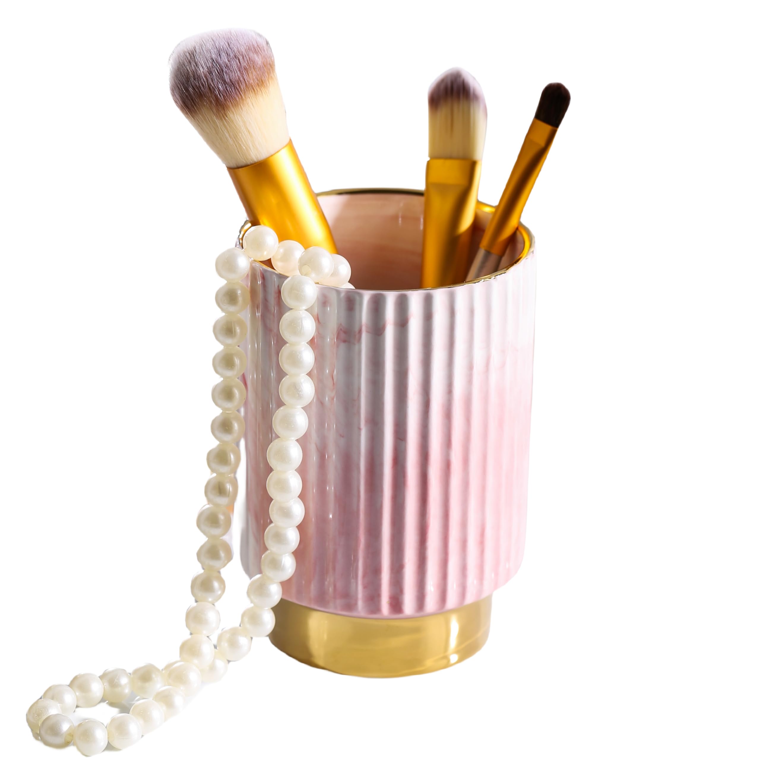 Ieek Pink And Gold Makeup Brush Holder Organizer,Glass Cosmetics Brushes Cup Eyebrow Pencil Pen Container,European Style Striped
