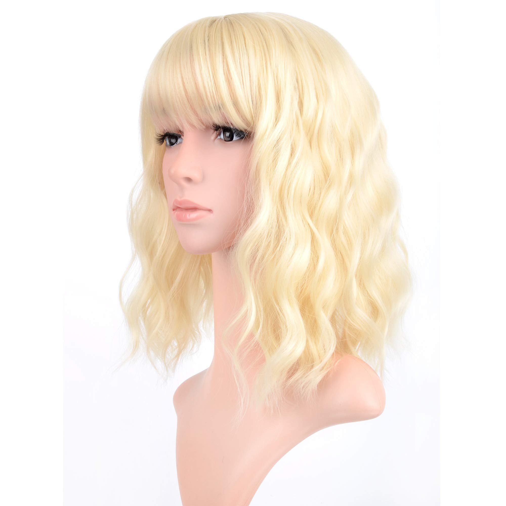 VCKOVCKO Blonde Pastel Wavy Wig With Air Bangs Women Short Wavy Light Blonde Wigs Synthetic Wig for Cosplay Party Bob Style Past