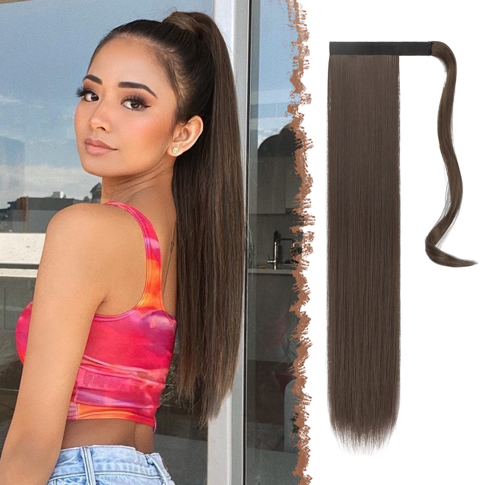 Feshfen Straight Long Ponytail Extensions 28 Inch Wrap Around Synthetic Chestnut Brown Ponytails Hair Piece Pony Tail Hair Exten