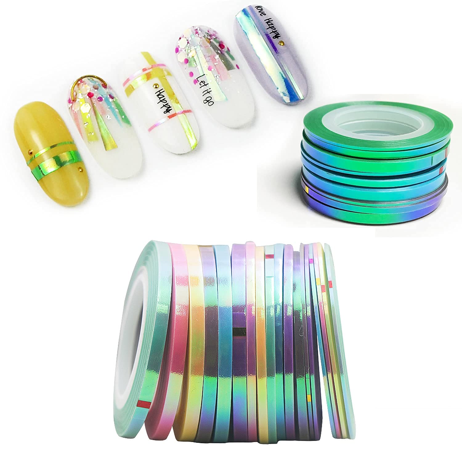 Candy Color Nail Art Striping Tape Lines,21 Rolls Laser Mermaid Nail Stripe,Self-Adhesive Nail Stickers,Purple Blue Nail Decals