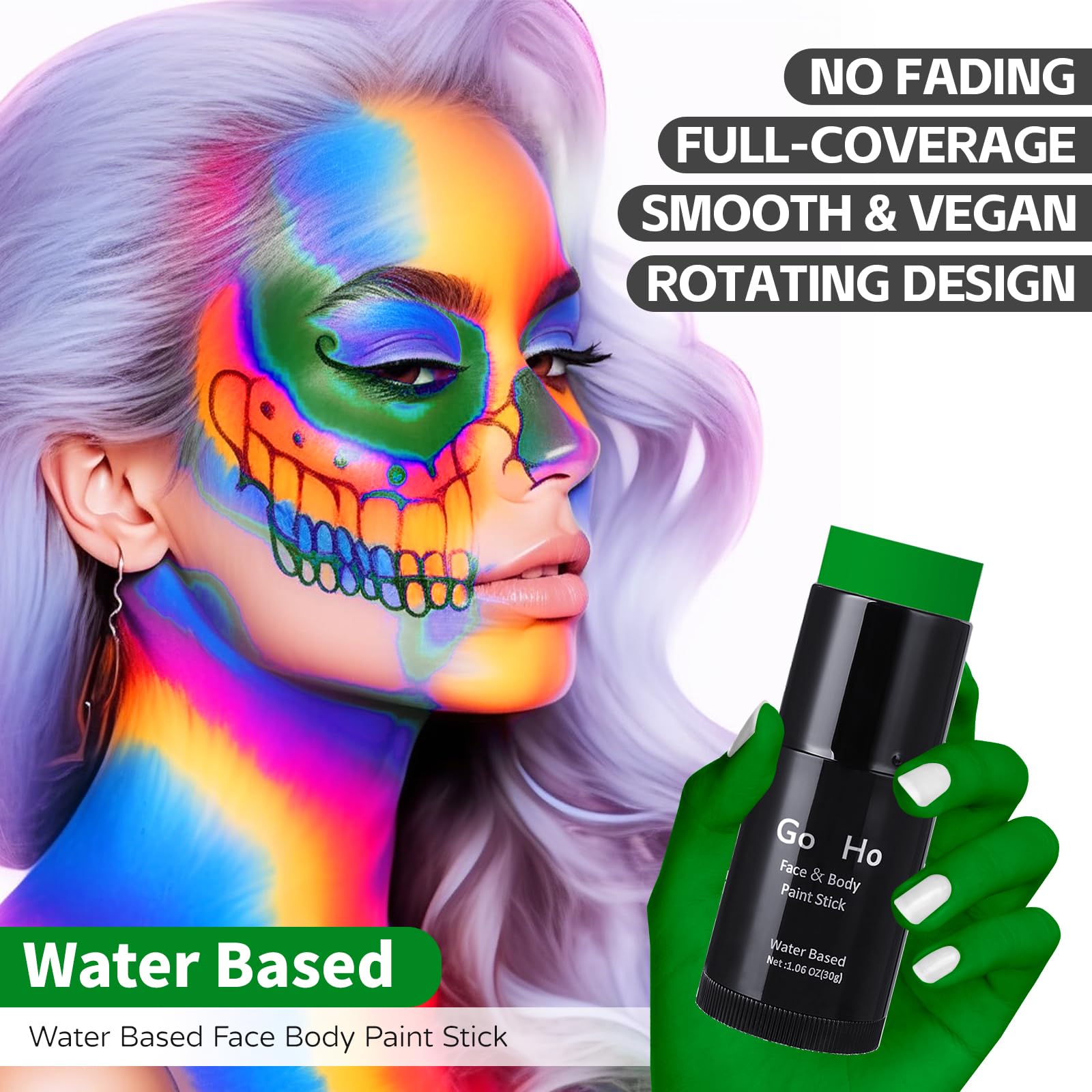Go Ho Dark Green Face Body Paint Stick,Water Based Washable Green Face Paint Stick,Full-Coverage Cream Green Body Paint For Hall