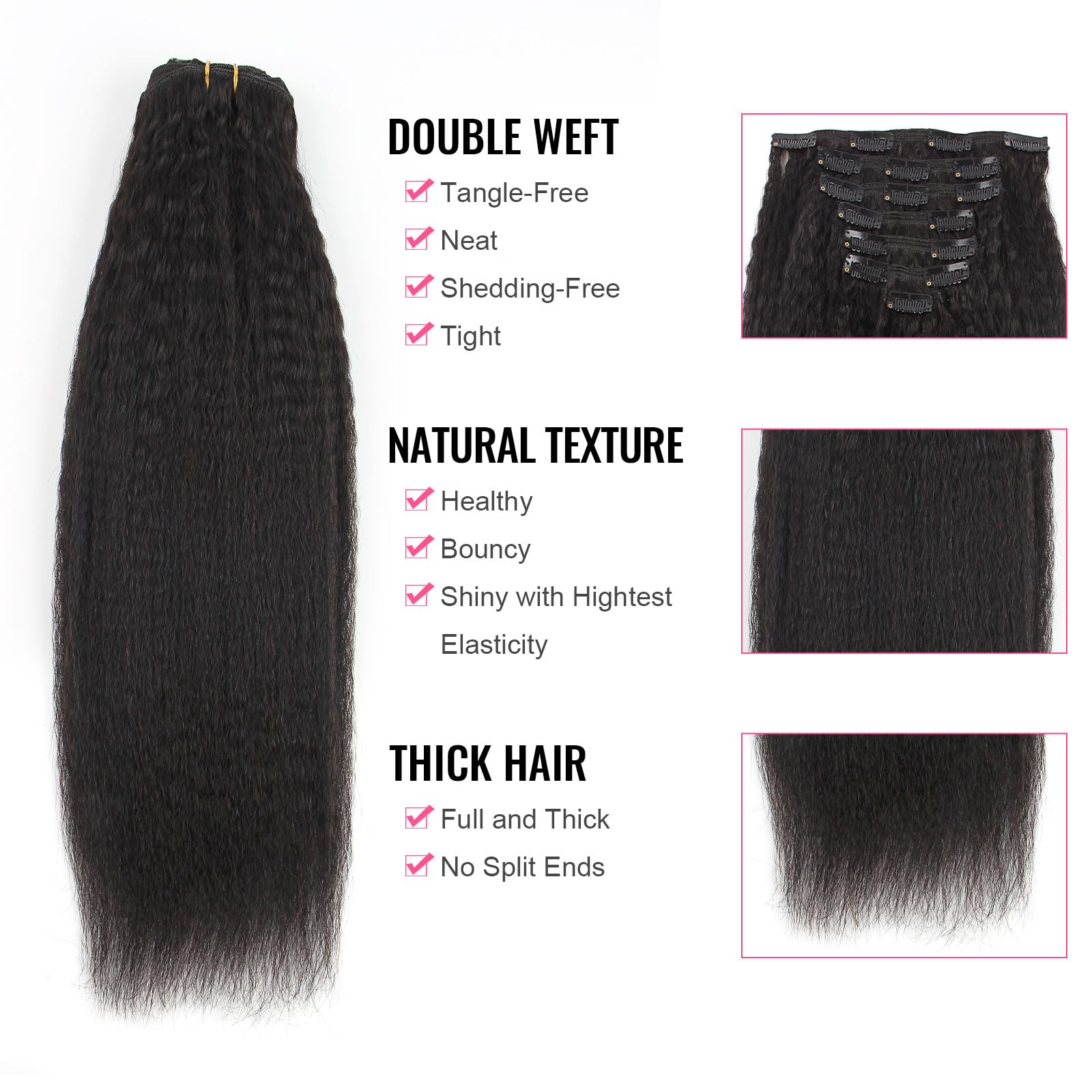 AmazingBeauty Afro Kinky Straight Clip in Hair Extensions 8A Grade Thick 100% Remy Hair Natural Black 7 Pieces with 17 Clips 120