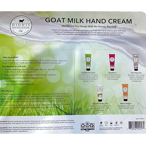 Dionis goat Milk Skincare - 5 Pack of 1 oz Hand creams (creamy coconut  Oats, Peppermint Twist, Sea Treasures, Sugarberry, Vanil