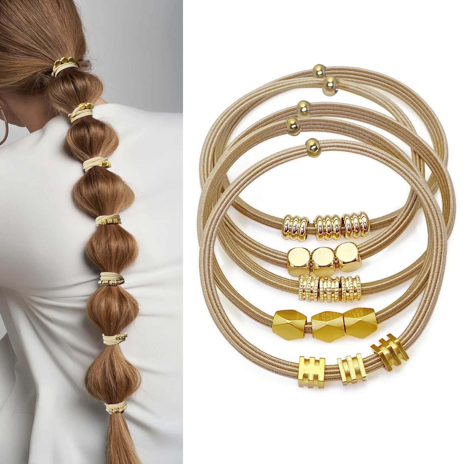 Boho Beaded Hair Accessories - Cute Decorative Bracelet Ponytail Holders with Gold Jewelry for Women and Girls, No Damage Hair B