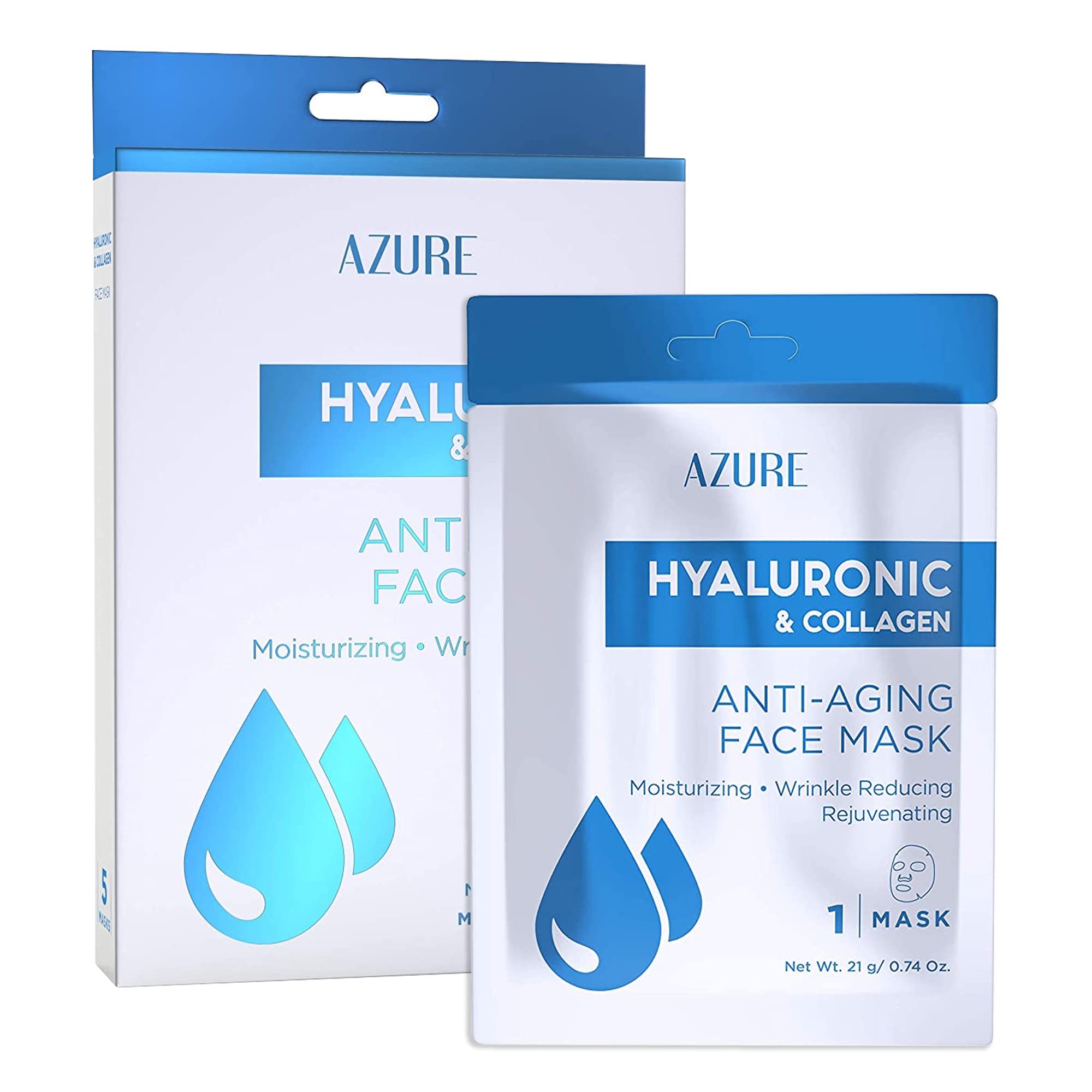 AZURE Hyaluronic Acid & Collagen Anti Aging Sheet Facial Mask - Rejuvenating & Moisturizing Face Mask - Helps Reduce Fine Lines 