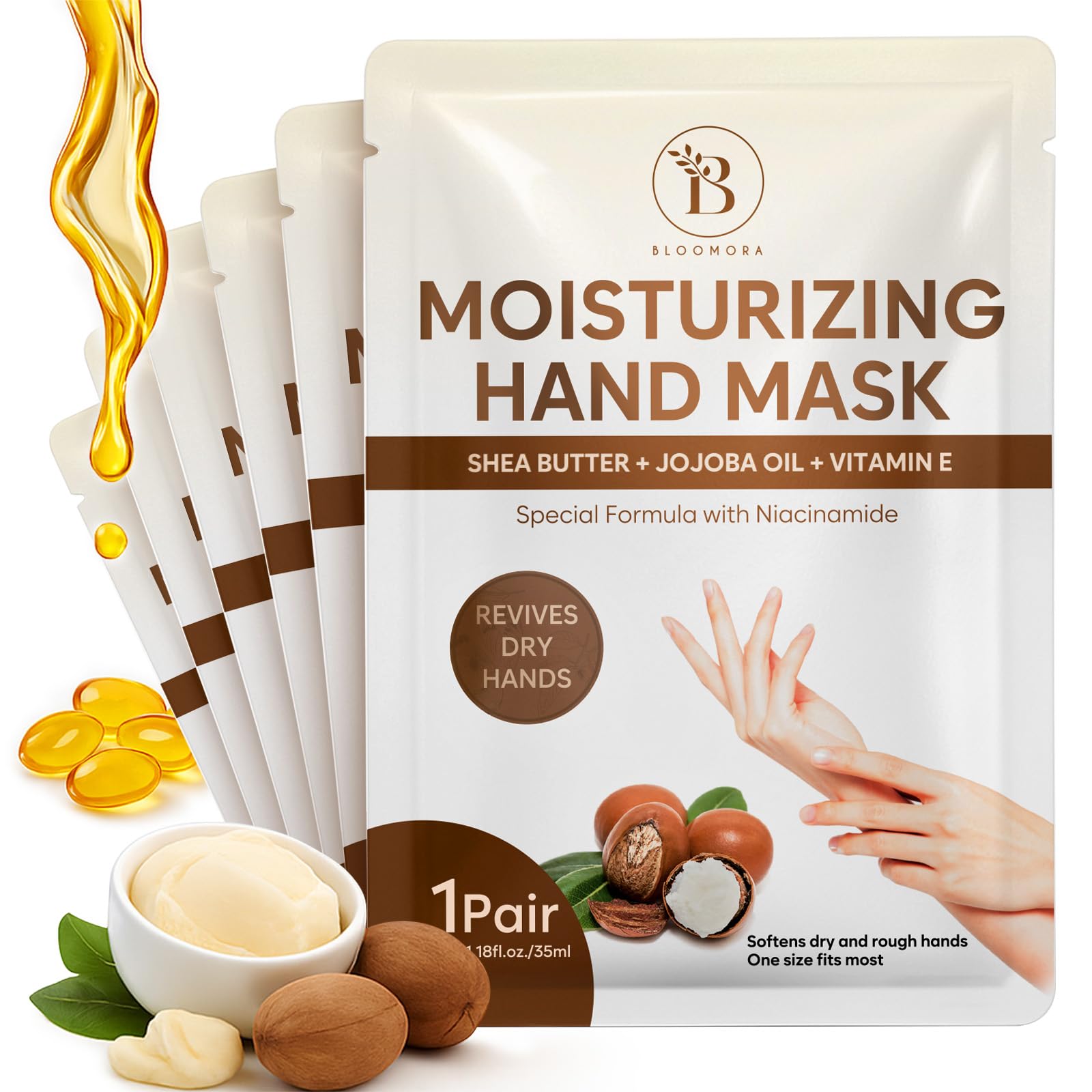 BLOOMORA Repairing Hand Mask for Dry Cracked Hands, Hand Masks with Shea Butter, Jojoba Oil & Vitamin E, Moisturizing Gloves, Sk